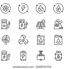 Set of vector icons related to types of energy. Vector illustrations such as atomic energy, water energy, fire energy and more with editable black outline.