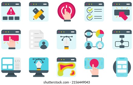 Set of Vector Icons Related to UX And UI. Contains such Icons as Alert, Checkbox, Click, Design, Flowchart, Interactive and more.