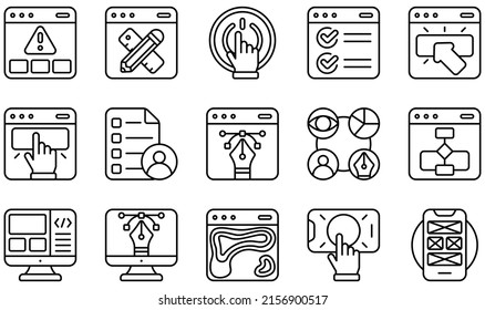 Set of Vector Icons Related to UX And UI. Contains such Icons as Alert, Checkbox, Click, Design, Flowchart, Interactive and more.