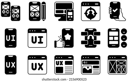 Set of Vector Icons Related to UX And UI. Contains such Icons as Navigation, Prototype, Test, Ui, Ux, Web Design and more.