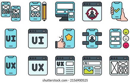 Satz von Vektorsymbols, die mit UX und UI verknüpft sind. Enthält Symbole wie Navigation, Prototyp, Test, Ui, Ux, Web Design und mehr.