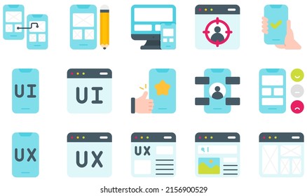 Set of Vector Icons Related to UX And UI. Contains such Icons as Navigation, Prototype, Test, Ui, Ux, Web Design and more.