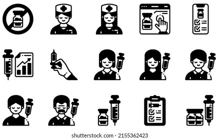 Set of Vector Icons Related to Vaccine. Contains such Icons as Nurse, Online Pharmacy, Statistics, Syringe, Vaccination, Vaccine and more.