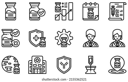 Set of Vector Icons Related to Vaccine. Contains such Icons as Ampoule, Approve, Certificate, Development, Doctor, Hospital and more.