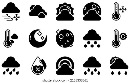 Set of Vector Icons Related to Weather. Contains such Icons as Blizzard, Cloud, Cloudy Day, Cloudy Night, Cold, Cool and more.