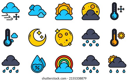Set of Vector Icons Related to Weather. Contains such Icons as Blizzard, Cloud, Cloudy Day, Cloudy Night, Cold, Cool and more.