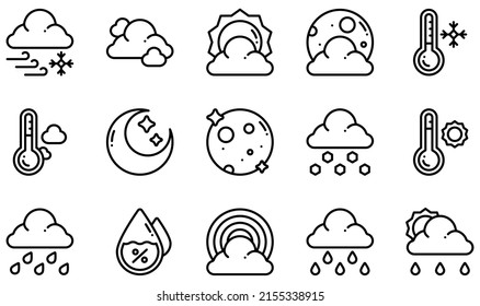 Set of Vector Icons Related to Weather. Contains such Icons as Blizzard, Cloud, Cloudy Day, Cloudy Night, Cold, Cool and more.
