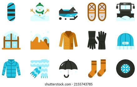 Set of Vector Icons Related to Winter. Contains such Icons as Snowboard, Snowshoes, Truck, Winter, Winter Gloves, Winter Scarf and more.