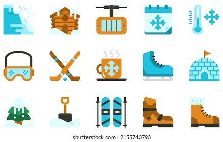 Set of Vector Icons Related to Winter. Contains such Icons as Avalanche, Cabin, Hockey, Ice Skating, Igloo, Ski and more.