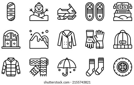 Set of Vector Icons Related to Winter. Contains such Icons as Snowboard, Snowshoes, Truck, Winter, Winter Gloves, Winter Scarf and more.