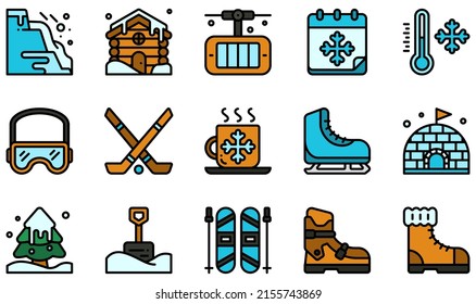 Conjunto de iconos vectores relacionados con el invierno. Contiene íconos como Avalanche, Cabina, Hockey, Patinaje Hielo, Igloo, Esquí y más.