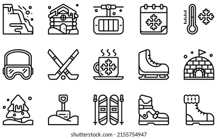 Set of Vector Icons Related to Winter. Contains such Icons as Avalanche, Cabin, Hockey, Ice Skating, Igloo, Ski and more.