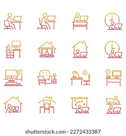 Set of vector icons related to workplace. Vector illustrations such as team work, work at home, workspace and more with editable gradient color lines.