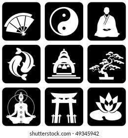 set of vector icons of religious buddhism signs and symbols