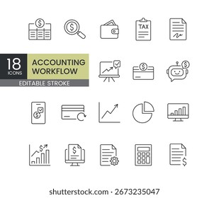 Conjunto de iconos vectoriales que representan el flujo de trabajo contable, los informes financieros, el seguimiento de gastos y las operaciones de pago, creados en estilo de línea con trazo editable