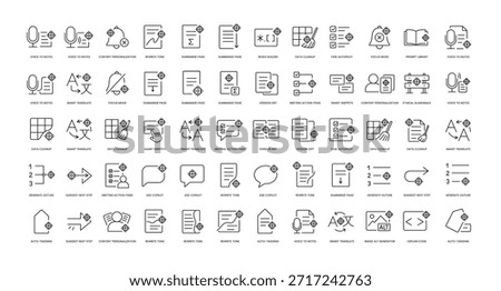 A set of vector icons representing AI productivity and assistant tools, created in line style with editable stroke
