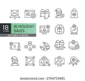 A set of vector icons representing AI-driven tools for holiday sales and marketing optimization, created in line style with editable stroke