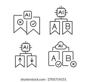 A set of vector icons representing AI-driven A B testing and decision-making tools for performance optimization, created in line style with editable stroke