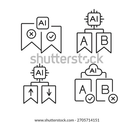 A set of vector icons representing AI-driven A B testing and decision-making tools for performance optimization, created in line style with editable stroke