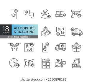 Um conjunto de ícones de vetor que representam logística com tecnologia de IA, rastreamento de entrega e processos de automação, criados em estilo de linha com traço editável