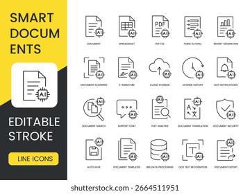 Um conjunto de ícones de vetor que representam ferramentas inteligentes de automação e processamento de documentos ativadas por IA, criadas em estilo de linha com traçado editável