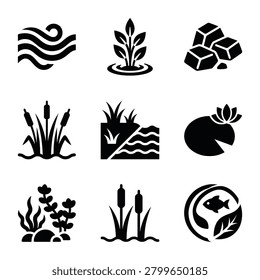 A set of vector icons representing aquatic ecosystems and nature. Includes water, plants, rocks, cattails, water lilies, underwater flora, and a fish symbol for environmental design.