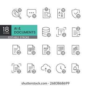 A set of vector icons representing artificial intelligence integration in document management and automation, created in line style with editable stroke