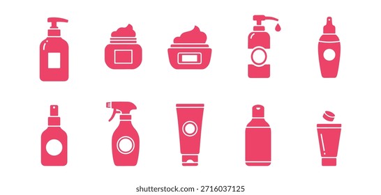 A set of vector icons representing beauty, cosmetics, and personal care. Includes a bottle, jar, shower gel, face cream, body lotion, spray, ointment, and paste.
