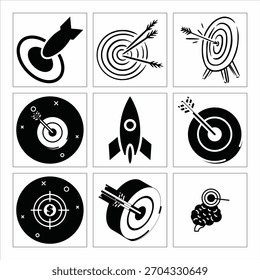 Set of vector icons representing business goals and achievements black and white