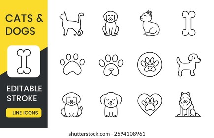 A set of vector icons representing cats and dogs, including playful and relaxed pets, paw prints and heart symbols, dog bones and various breed depictions, with an editable stroke