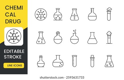 A set of vector icons representing chemical drugs, including molecular structures and laboratory glassware such as beakers, test tubes, and flasks, with an editable stroke