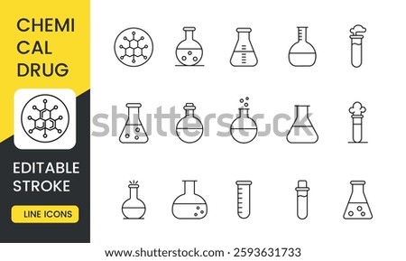 A set of vector icons representing chemical drugs, including molecular structures and laboratory glassware such as beakers, test tubes, and flasks, with an editable stroke