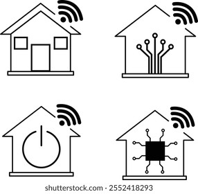 Um conjunto de ícones vetoriais que representam o conceito de tecnologia doméstica e casas inteligentes. O design possui um símbolo de casa com elementos tecnológicos integrados, incluindo sinais Wi-Fi, microchips