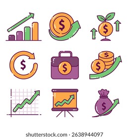 set of vector icons representing the concept of return on investment, including money, growth charts, and business symbols.