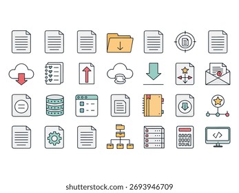 Conjunto de ícones vetoriais que representam a tecnologia de informação do gerenciamento de dados e a organização de arquivos para software e aplicativos de negócios