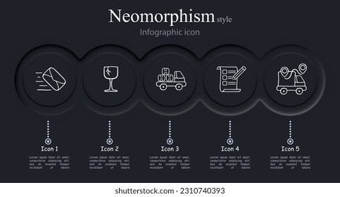 Set of vector icons representing delivery. Package, transportation, shipping, logistics, delivery truck. Neomorphism style. Vector line icon