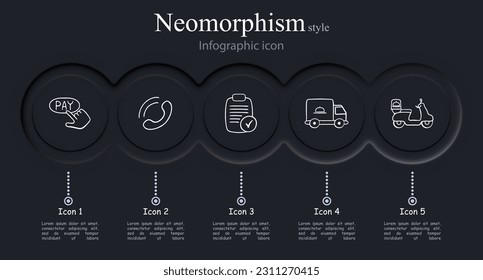 Conjunto de iconos vectoriales que representan la entrega. Paquete, transporte, envío, logística, camión de entrega, correo, paquete. Estilo neomorfista. Icono de línea de vector