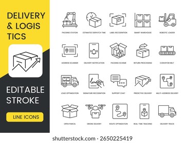 A set of vector icons representing delivery, shipping logistics, parcel management, and warehouse operations, created in line style with editable stroke
