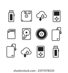 Set of Vector Icons Representing Digital Storage Devices and Media Formats