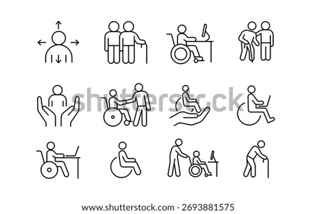A set of vector icons representing disability support, accessibility, and care for older workers, created in line style with editable stroke