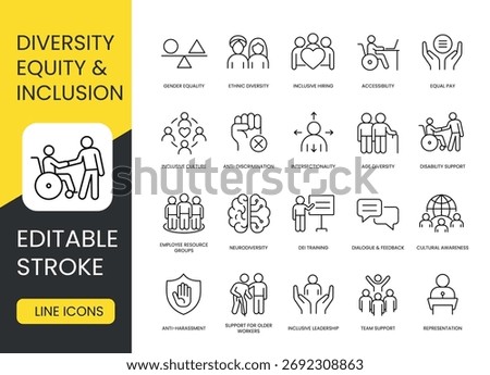 A set of vector icons representing diversity, equity, inclusion, and workplace belonging, created in line style with editable stroke