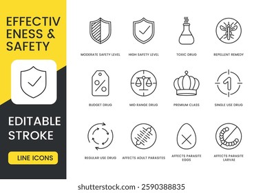 A set of vector icons representing drug effectiveness and safety levels, including budget, mid-range, premium class drugs, single or regular use, and their effects on adult parasites, eggs, larvae