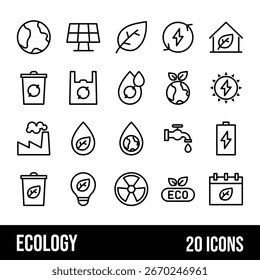 Set of vector icons representing ecology, sustainability, and renewable energy using a simple and modern line style