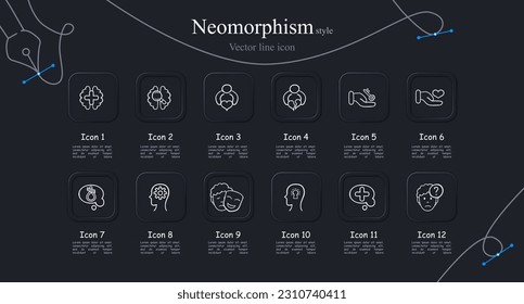 Set of vector icons representing emotional states. Happiness, sadness, anger, surprise, joy, fear, love, excitement, calmness, frustration. Neomorphism style. Vector line icon