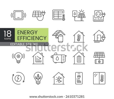 A set of vector icons representing energy efficiency technologies and smart systems for sustainable energy management, created in line style with editable stroke