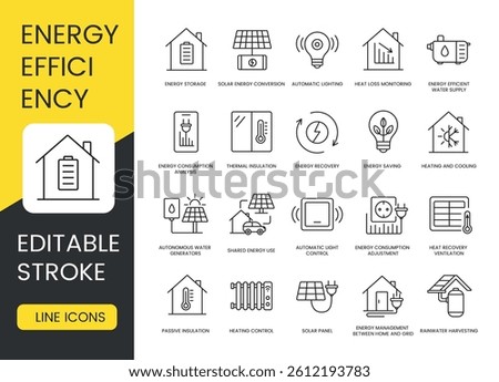 A set of vector icons representing energy efficiency technologies and smart home energy management systems, created in line style with editable stroke