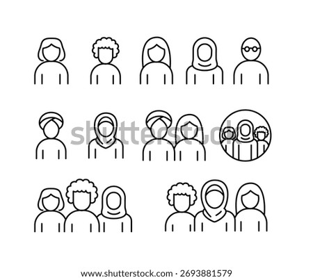 A set of vector icons representing ethnic diversity and multicultural representation, created in line style with editable stroke