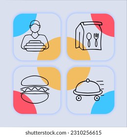 Conjunto de iconos vectoriales que representan comida rápida. Hamburguesa, pizza, patatas fritas, perritos calientes, refrescos, sándwich, nuggets de pollo, helado. Fondo de color Pastel. Icono de línea de vector