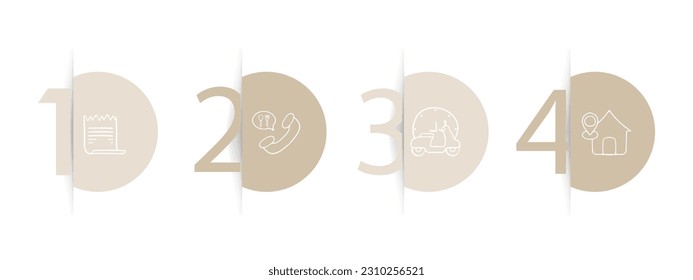 Set of vector icons representing food delivery. Delivery bag, chef hat, food truck, scooter, bike, restaurant, meal, pizza. Pastel color background. Vector line icon