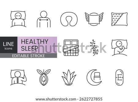 A set of vector icons representing healthy sleep positions, ergonomic pillow types, and natural care features, created in line style with editable stroke
